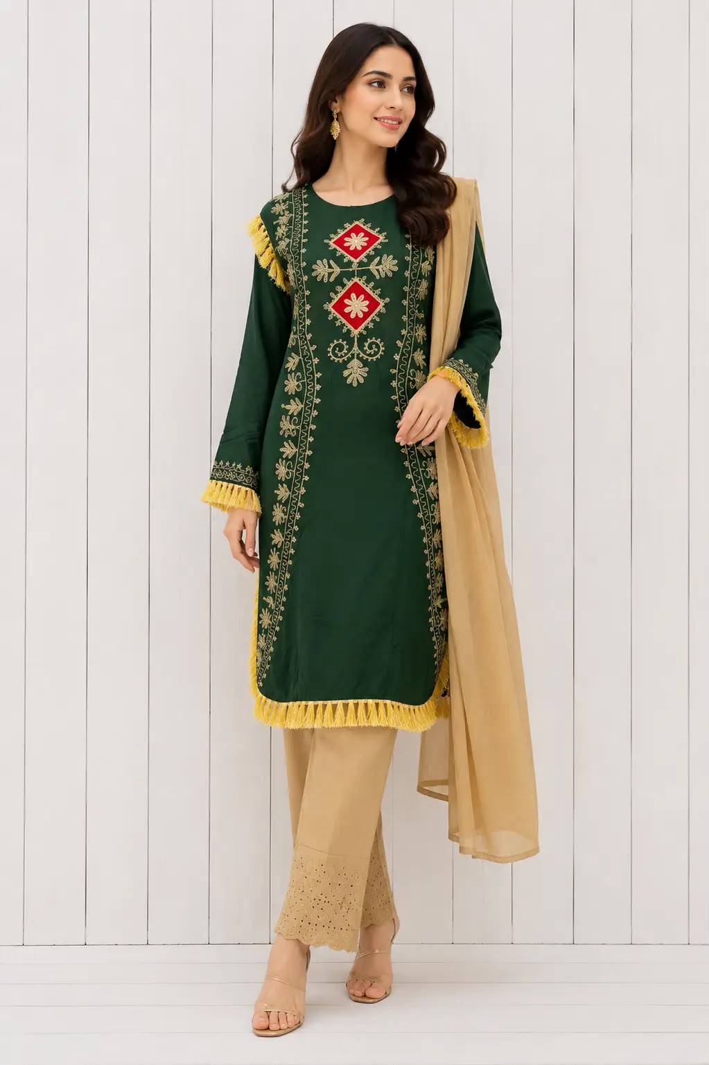 3 Pcs Women's Stitched Linen Hand Embroidered Suit