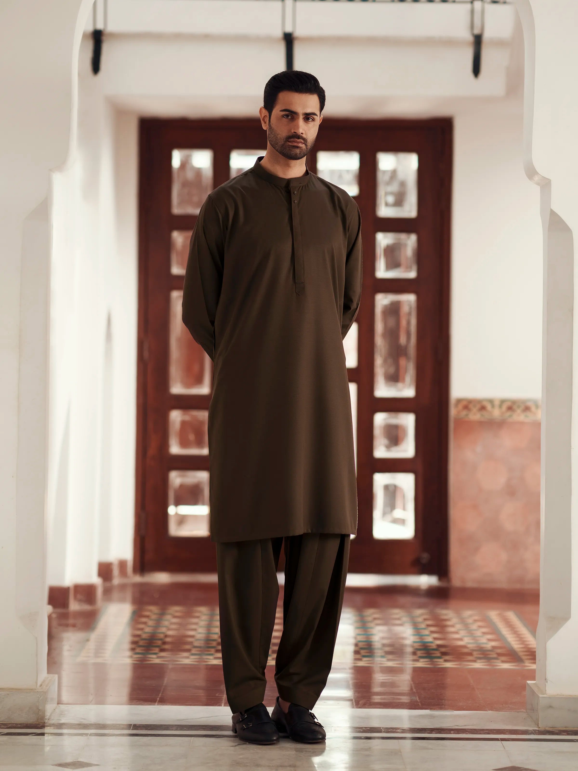 Men's Olive Green Shalwar Kameez - EMTKS6-41250